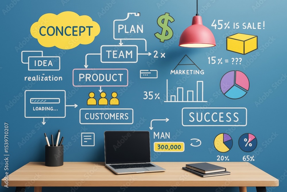 Poster business concept strategy with planning charts and success diagrams on blue wall background in offic