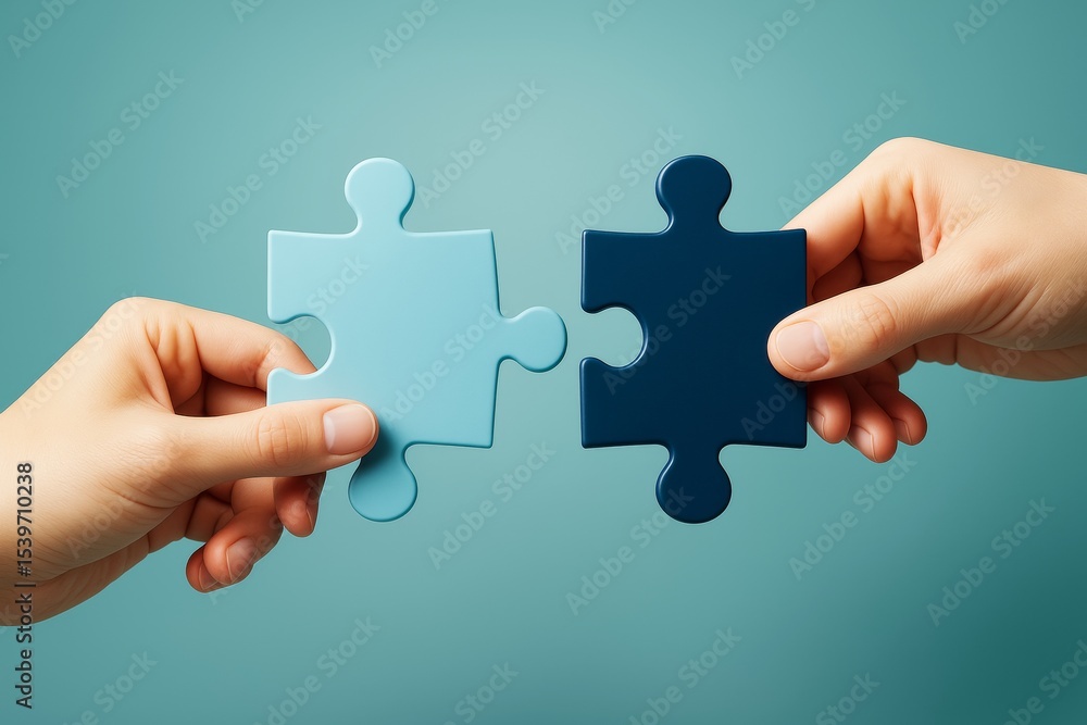 Poster two hands connecting light and dark puzzle pieces on blue gradient background symbolizing business c