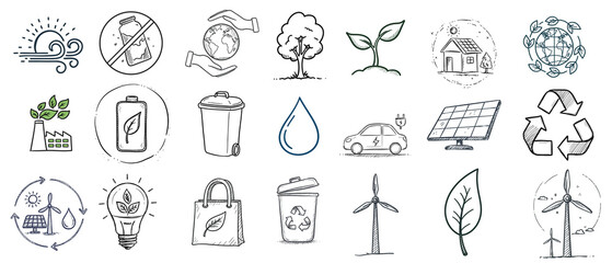 Set of eco-friendly icons representing sustainability and nature  