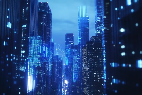 Futuristic cityscape at night, illuminated with glowing lines representing data streams and financial graphs.