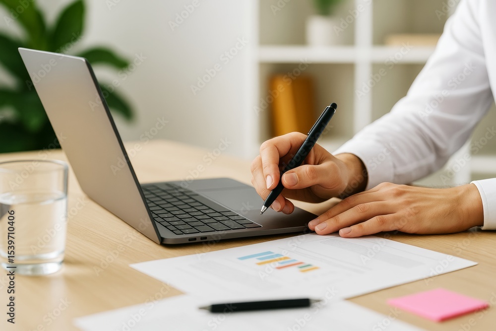 Poster businessman working on laptop analyzing financial charts at desk with documents and pen in modern of