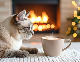 Cozy Cat Near Hot Chocolate by the Fireplace in Winter Scene