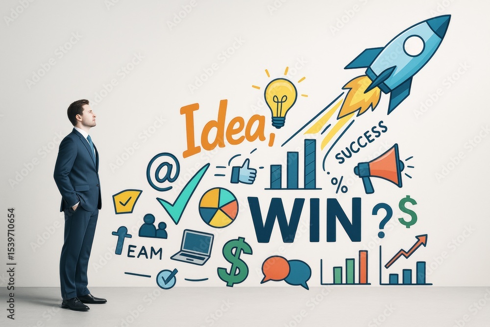 Poster businessman looking at colorful infographic with success icons and growth charts on a light abstract