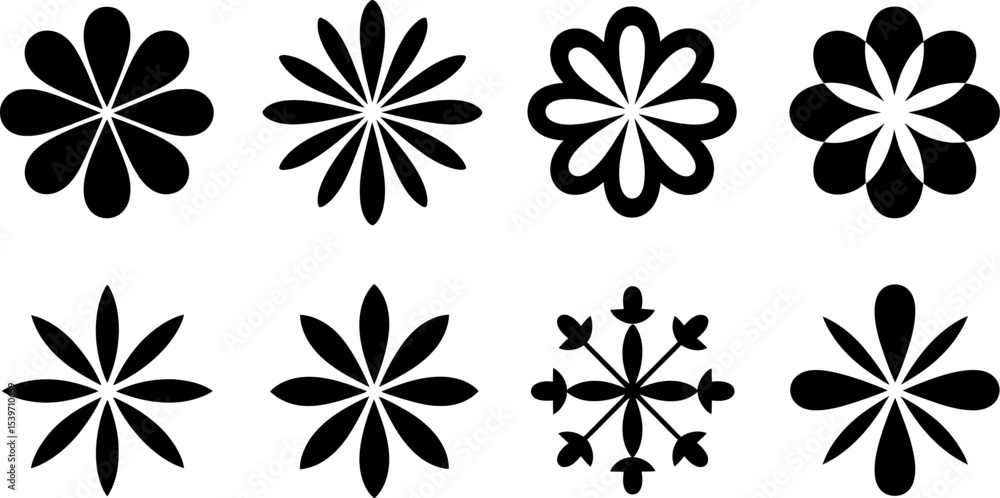 Poster a set of eight different flower shapes in black color on a white background in a flat vector style