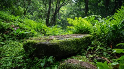 Naklejka premium Mossy Stone Podium in Tropical Jungle