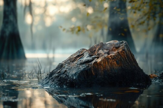 A weathered tree stump sits submerged in a misty swamp, surrounded by tall trees and tranquil water.