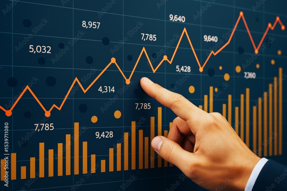 Aufkleber Businessman analyzing financial data with upward trend graph and bar chart on a dark background for economic growth concept illustration.