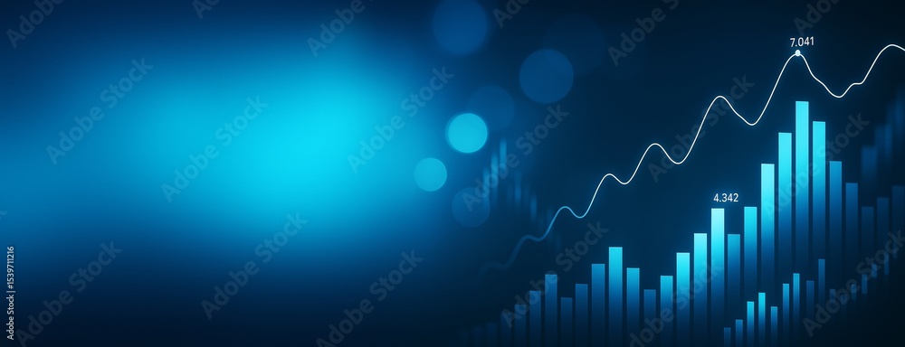 Poster abstract financial graph with glowing blue bars and line chart on dark background with copyspace for