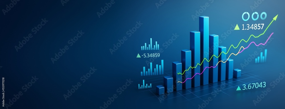 Poster Abstract 3D bar and line chart business background with growth and data analysis elements on dark blue gradient template for copyspace and design.