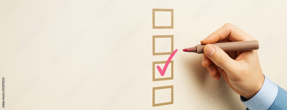 Poster hand checking box on checklist with pink marker on clean light background, perfect for business mock