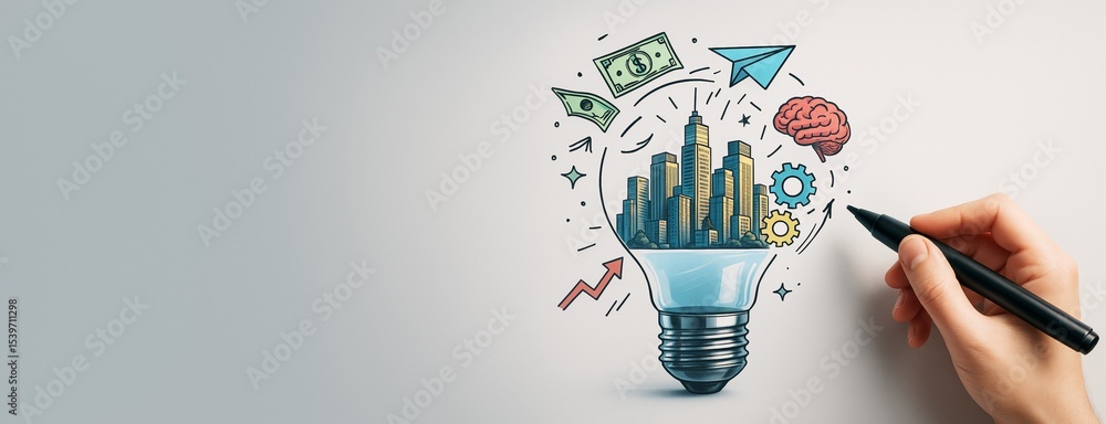 Poster business creativity concept with hand drawing cityscape inside lightbulb surrounded by icons on clea