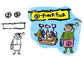 シンプルで味がある「魚屋」の手描きイラスト