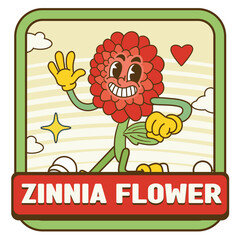 Vector Illustration of Zinnia Flower Mascot with Retro Cartoon Mascot Available for Logo Badge