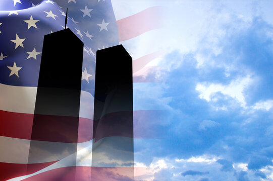 Silhouette of Towers on background of cloudy sky. 09.11.2001 American Patriot Day banner. We will never forget - Powered by Adobe