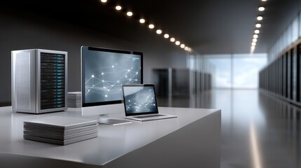 A sleek server tower, desktop, and laptop display network diagrams on a minimalist white table in a modern data center hallway with rows of additional servers visible in the background