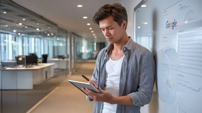 A young man in a modern office hallway leans against a whiteboard displaying charts and graphs, attentively using a tablet and stylus - Powered by Adobe