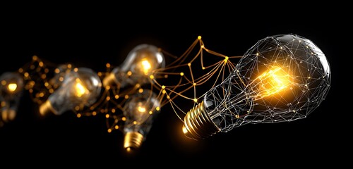 Illuminated light bulbs connected by glowing lines against a dark background in a conceptual design