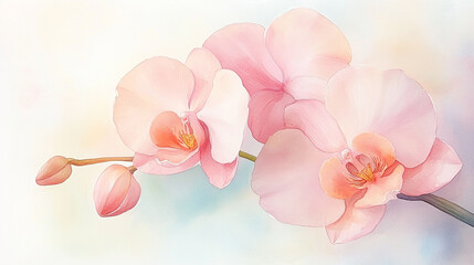 Obraz premium Pink Orchids in Watercolor on a Soft Pastel Background