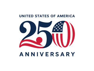 united states 250th anniversary logo featuring american flag, patriotic typography, red white blue theme, commemorative milestone