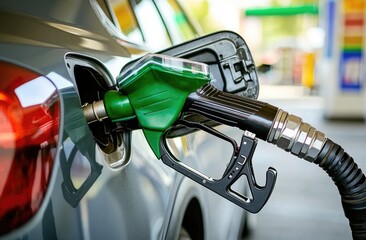 Close-up of a green gas pump nozzle inserting into a gray car's fuel tank.  Blurred gas station background
