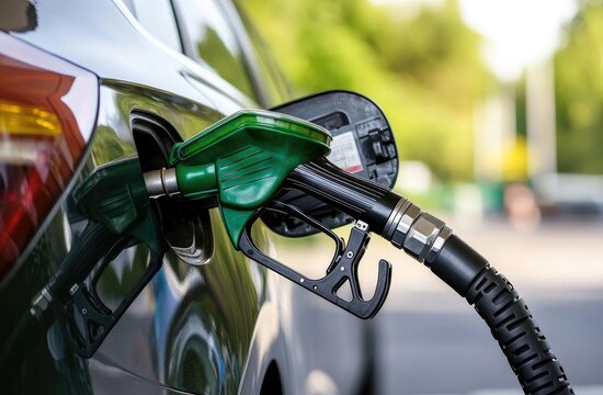 A close-up view of a dark gray car being fueled at a gas station. A bright green fuel nozzle is connected to the car's tank
