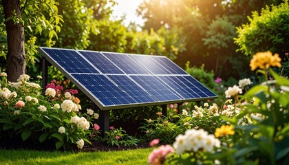 Harmony of nature and technology: A solar panel amidst a lush garden scene