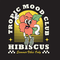 Vector Illustration of Hibiscus Flower Mascot with Retro Cartoon Mascot Available for Tshirt Design