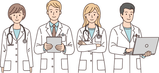 Diverse Group of Medical Professionals and Doctors, Healthcare Team with Stethoscope, Tablet, and Laptop. Hand drawn style vector design illustrations.