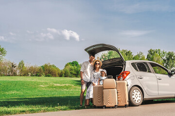 Couple travel car. Outdoor journey road trip. Vehicle love countryside together.