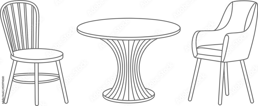 Poster a line drawing of a round table with two different chairs on a white background in a simple style