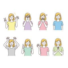 Diverse Young Women Expressing Various Emotions and Gestures, Emotional Spectrum and Communication. Hand drawn style vector design illustrations.