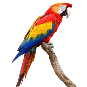 A scarlet macaw on branch on transparent background.