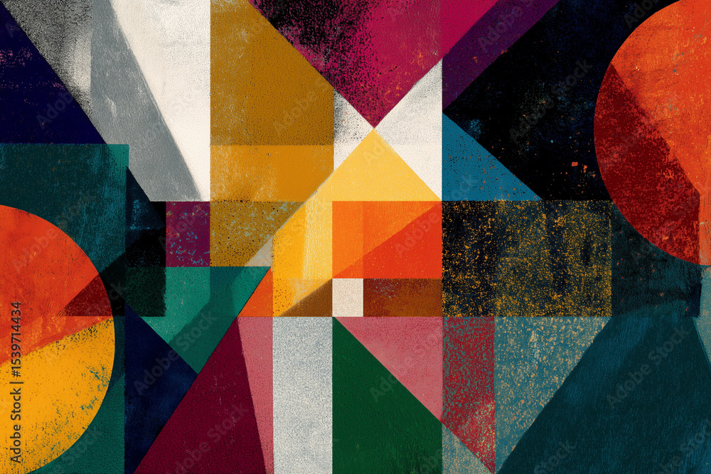 Poster a colorful abstract painting with a lot of different shapes and colors. the painting is full of ener