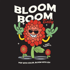 Vector Illustration of Zinnia Flower Mascot with Retro Cartoon Mascot Available for Tshirt Design