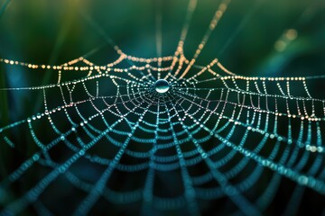 Fototapeta premium Dew-covered spiderweb glistening in the morning sun, intricate design.
