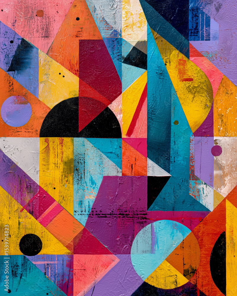 Poster a colorful abstract painting with many shapes and lines. the painting is full of bright colors and h