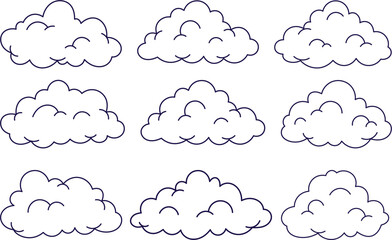 Set of cute hand-drawn cloud vector illustrations ideal for kids' projects, weather icons, nursery art, printable designs, and whimsical cartoon-style digital artwork.

