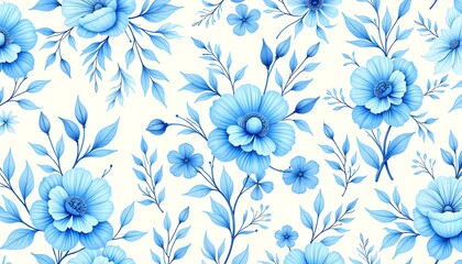 Classic Botanical Seamless Pattern Featuring Blue Flowers and Delicate Foliage for Wallpapers, Wrapping Papers, Textile Prints, and Digital Backdrops