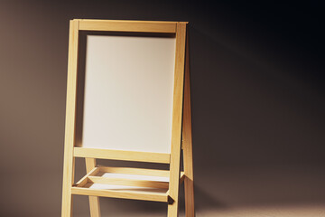 Wooden sign or easel with blank copy space in dark room lit with sunlight. Whiteboard for any message you want to add. 3d render