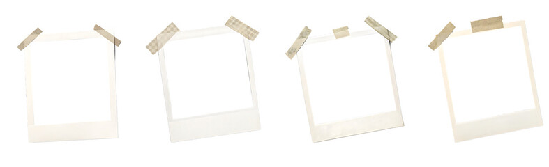 Set of polaroid vector photo frames on sticky tape on white background. Template photo design. Vector illustration