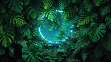 Fototapeta premium Botanical Backdrop of Lush Greenery with Vibrant Neon Circle Illuminating Dense Tropical Foliage