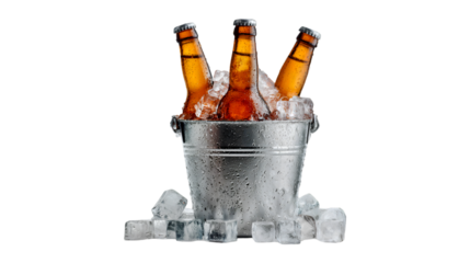 Three beer bottles in ice bucket refreshing cold drinks