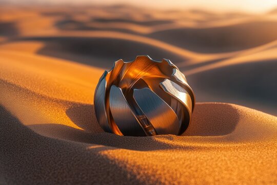 A metallic, fragmented sphere rests in the desert sand, bathed in warm sunset light.