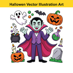 Halloween Cute Spooky Character Vector Illustration Art Set