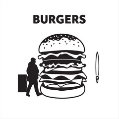 A black and white vector style street photography image depicting a classic burger silhouette, rendered in a timeless and elegant aesthetic against a clean white background