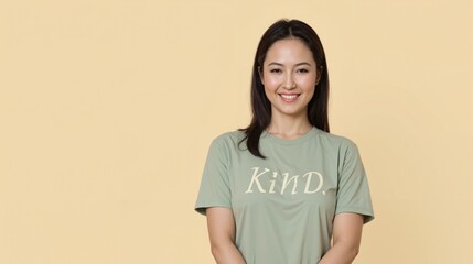 Obraz premium text KIND studio woman beauty smile face one model happieness confident cheerful t-shirt person 