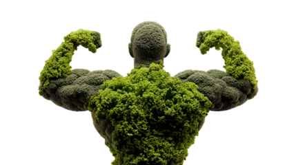Muscular man figure made from broccoli and kale, symbolizing strength, fitness, and healthy eating. Transparent background for versatile design use. Plant-based nutrition concept.