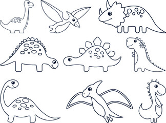 Cute hand-drawn dinosaur vector illustrations perfect for kids’ designs, coloring books, educational materials, nursery decor, and playful prehistoric-themed creative projects.   © Waqas