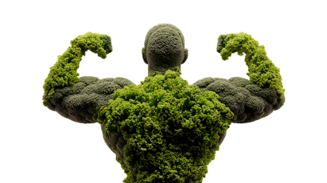 Muscular man figure made from broccoli and kale, symbolizing strength, fitness, and healthy eating. Transparent background for versatile design use. Plant-based nutrition concept.