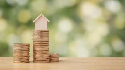 Building Wealth for the Future A Stacked Coin Display with a Miniature Wooden House Symbolizing Investment and Financial Growth